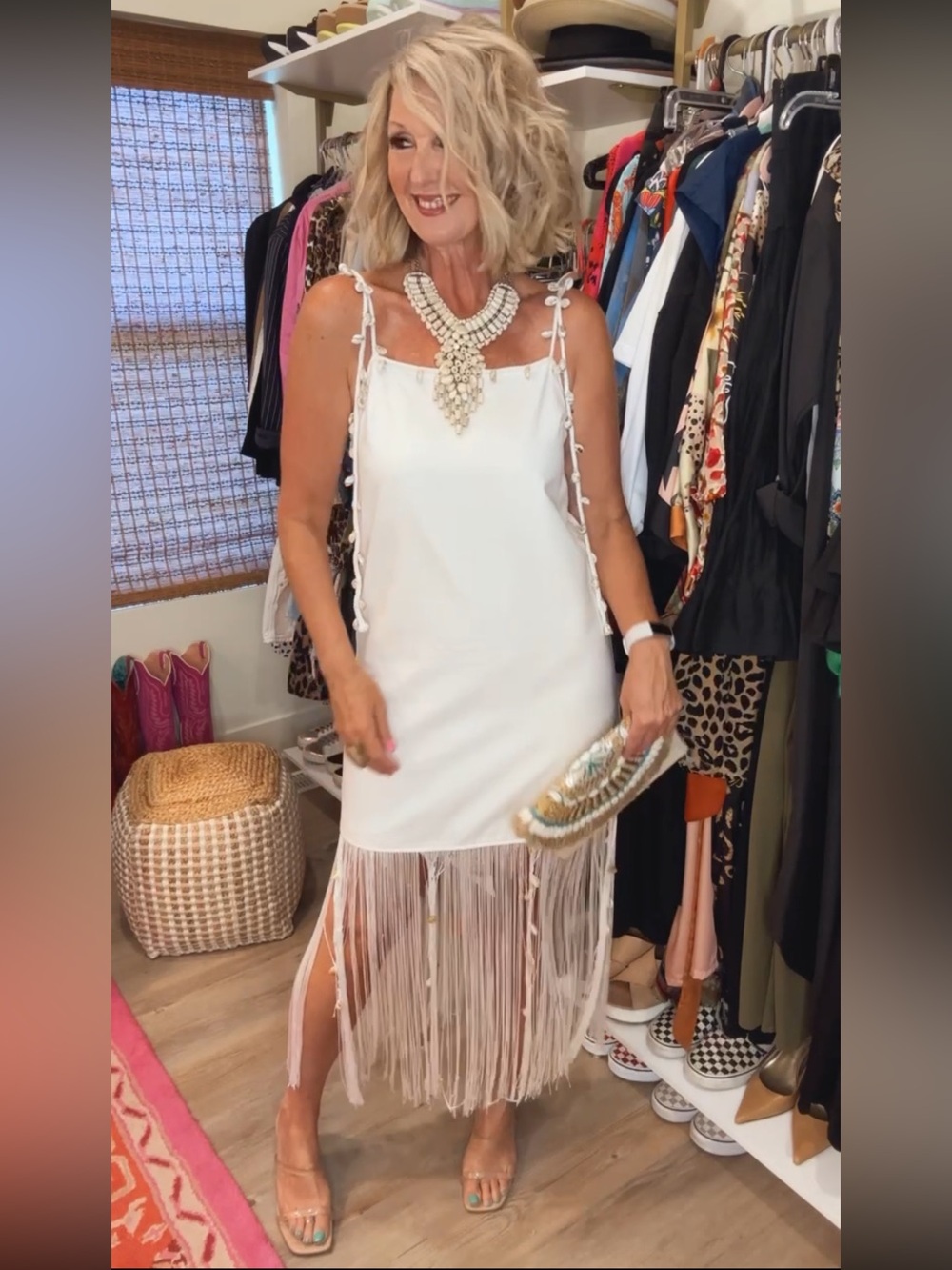 SHEIN White Fringe Tie-Strap Seashell Midi Dress